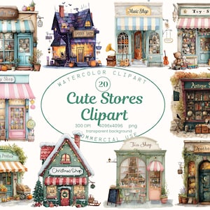以下が含まれることがあります： 20の可愛いお店のイラストが描かれた水彩画のクリップアート。コーヒーショップ、お化け屋敷、ミュージックショップ、おもちゃ屋さん、お菓子屋さん、アンティークショップ、生鮮食品店、クリスマスショップ、ティーショップ、薬局などが含まれています。画像テキストには「Cute Stores Clipart」と書かれています。