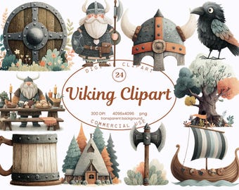Kolekcja clipartów wikingów, ilustracje wojowników nordyckich, fantazyjne obrazy skandynawskie 24 PNG, nordyckie grafiki do pokoju dziecięcego, cyfrowe pobieranie do użytku komercyjnego