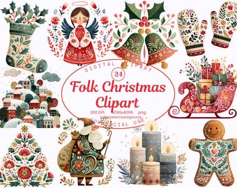 May include: A collection of 24 digital Folk Christmas clipart images. The illustrations include a Christmas stocking, angel, bells, mittens, sleigh, tree, Santa Claus, candles, and a gingerbread man. The images are in a watercolor style with a transparent background.
