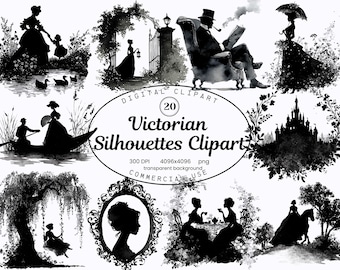 Victorian Silhouettes Clipart Collection,  20 PNG Victorian Vintage Outline Illustrations, Black and White Antique Art, Digital Download