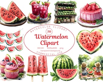 Watermelon Clipart Collection, Summer Fruit Watercolor Graphics 20 PNG illustrations, Coquette Invitations, Digital Download Commercial Use