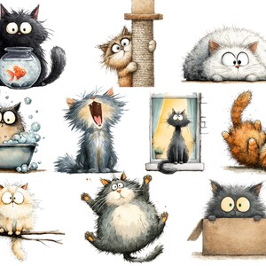 Op de afbeelding: Een verzameling grillige aquarel illustraties van katten in verschillende poses. E&eacute;n kat houdt een vissenkom vast, een andere kijkt om een krabpaal heen, en anderen zitten in een bad, gapen of spelen.