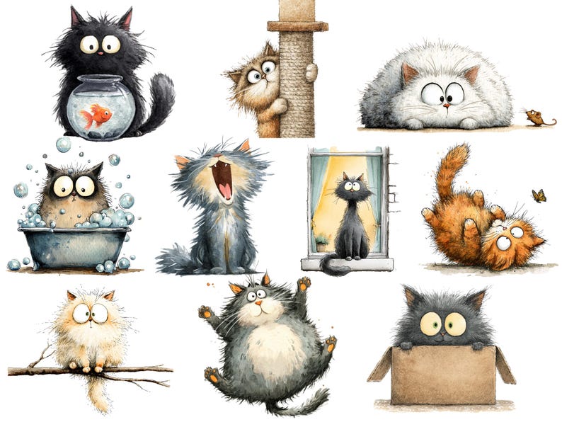 Op de afbeelding: Een verzameling grillige aquarel illustraties van katten in verschillende poses. E&eacute;n kat houdt een vissenkom vast, een andere kijkt om een krabpaal heen, en anderen zitten in een bad, gapen of spelen.