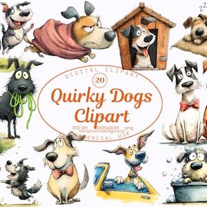 Könnte beinhalten: Eine Sammlung von 20 skurrilen Hundeillustrationen in verschiedenen Posen und Umgebungen. Die Hunde sind im Cartoon-Stil dargestellt, mit einer Vielzahl von Ausdrücken und Aktivitäten. Der Text "Quirky Dogs Clipart" ist zu sehen.