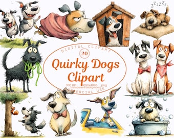 May include: A collection of 20 whimsical dog illustrations in various poses and settings. The dogs are depicted in a cartoon style, with a variety of expressions and activities. The text "Quirky Dogs Clipart" is displayed in an oval shape.
