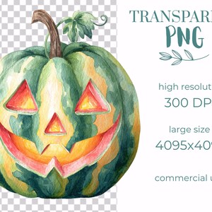 May include: A watercolour painting of a green and yellow Jack-o'-lantern with a carved face. The pumpkin has a brown stem and green leaves. Text on the right side reads "TRANSPARENT PNG", "high resolution 300 DPI", "large size 4095x4095", and "commercial use".