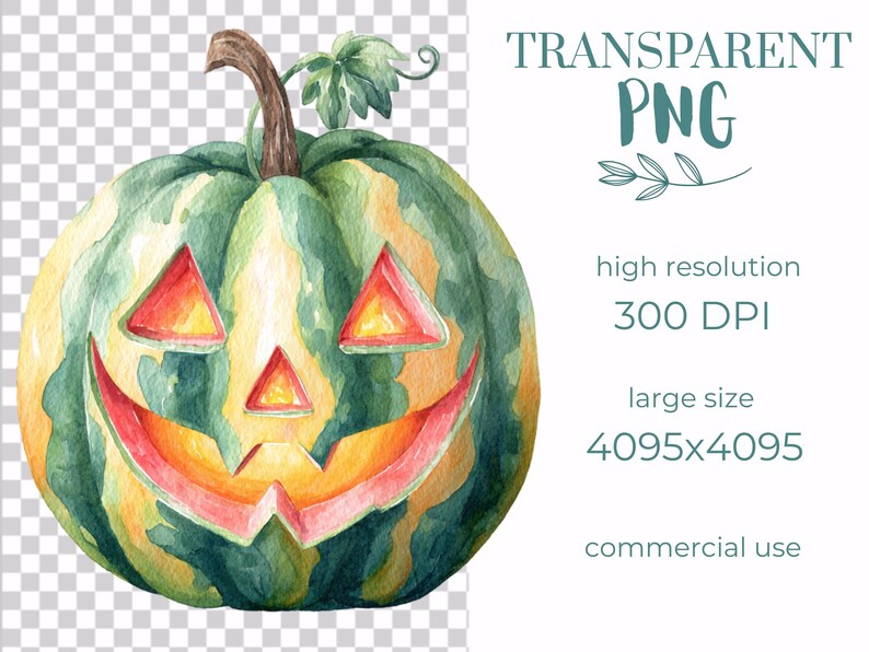 May include: A watercolour painting of a green and yellow Jack-o'-lantern with a carved face. The pumpkin has a brown stem and green leaves. Text on the right side reads "TRANSPARENT PNG", "high resolution 300 DPI", "large size 4095x4095", and "commercial use".