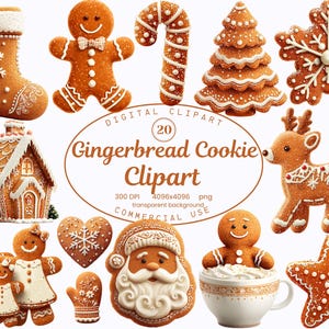 Gingerbread Cookie Clipart Collection, Holiday Christmas 20 PNG Images, Festive Cookie Illustrations, Digital Download, Commercial Use