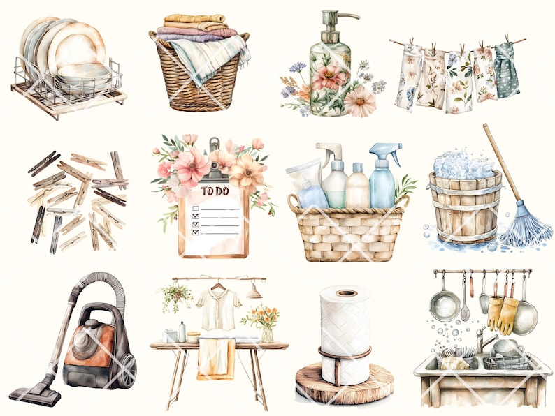 Op de afbeelding: Een aquarelillustratie van verschillende huishoudelijke schoonmaak- en wasartikelen, waaronder een afdruiprek met borden, een mand met gevouwen handdoeken, een fles zeep, een waslijn met hangende handdoeken, een mand met schoonmaakmiddelen, een emmer met zeepsop en een bezem, een stofzuiger, een tafel met een hangend shirt, een rol keukenpapier en een gootsteen met afwas en een spons.