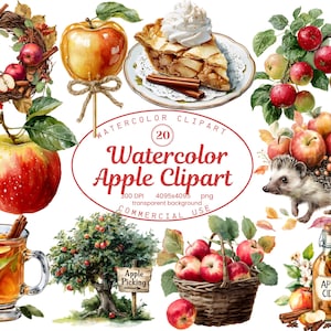Aquarelle pomme Clipart Collection, automne nourriture aquarelle graphiques 20 illustrations PNG, Art de la saison des récoltes à la ferme, téléchargement numérique