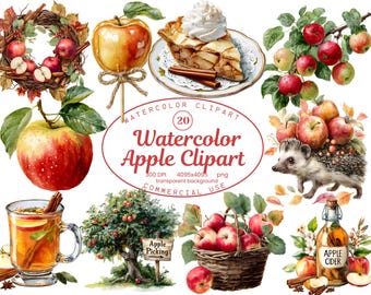 Puede incluir: Clipart de acuarela con varias ilustraciones con temática de manzana. Incluye una corona, una manzana con palo, una porción de tarta con crema batida, manzanas en ramas, un erizo con manzanas, una taza de sidra, un manzano, una cesta de manzanas y una botella de sidra.