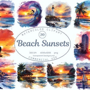 Puede incluir: Un conjunto de 20 imágenes de clipart de acuarela de puestas de sol en la playa. Las imágenes presentan varias escenas, incluyendo palmeras, faros, surfistas y veleros. Las puestas de sol se representan en colores vibrantes, con tonos de naranja, rosa, morado y azul. Las imágenes son perfectas para agregar un toque de belleza tropical a tus diseños.