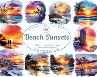 Beach Sunset Clipart Collection, Tropical Seaside Nautical 20 PNG Illustrations, Palm Tree Costal Watercolor Art, Digital Download