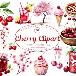 Colección de imágenes prediseñadas de cerezas, 20 ilustraciones PNG con acuarela de alimentos, invitaciones de verano, descarga digital, uso comercial