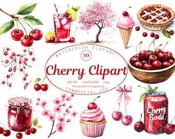 Cherry Clipart Collection, Food Watercolor Graphics 20 PNG illustrations, Summer Coquette Invitations, Digital Download, Commercial Use