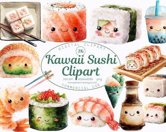 Kawaii Sushi Clipart Collection, Cute Watercolor Japanese Food 26 PNG Illustrations, Digital Download, Commercial Use