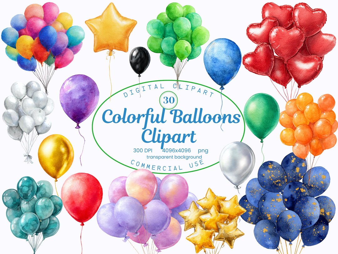 Colorful Balloons Clipart Collection, Watercolor Birthday Party ...