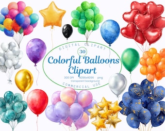 Colección de imágenes prediseñadas de globos de colores, 30 decoraciones de acuarela para fiesta de cumpleaños, globos de celebración, descarga digital