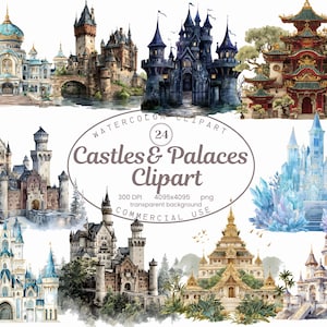 Castle and Palace Clipart Collection,  24 PNG Medieval, Fantasy Architecture Illustrations, Digital Download Commercial Use