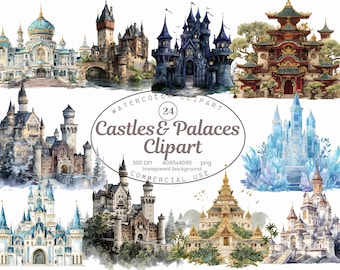 Castle and Palace Clipart Collection,  24 PNG Medieval, Fantasy Architecture Illustrations, Digital Download Commercial Use