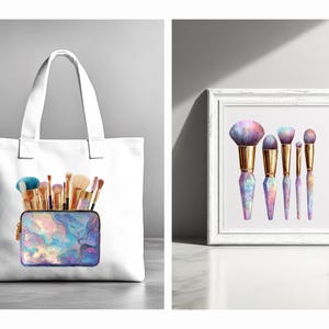 May include: A white tote bag and a framed print featuring makeup brushes. The tote bag displays a cosmetic bag filled with brushes. The print shows five brushes with gold handles and iridescent, colorful bristles.