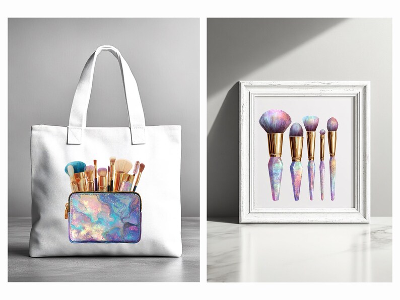 May include: A white tote bag and a framed print featuring makeup brushes. The tote bag displays a cosmetic bag filled with brushes. The print shows five brushes with gold handles and iridescent, colorful bristles.