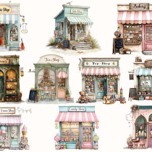 May include: Watercolor illustration of various shops, including a music shop, gift shop, bakery, apothecary, tea shop, toy shop, ice cream shop, candy shop, and jewelry shop. Each shop has a unique design with awnings and detailed storefronts.
