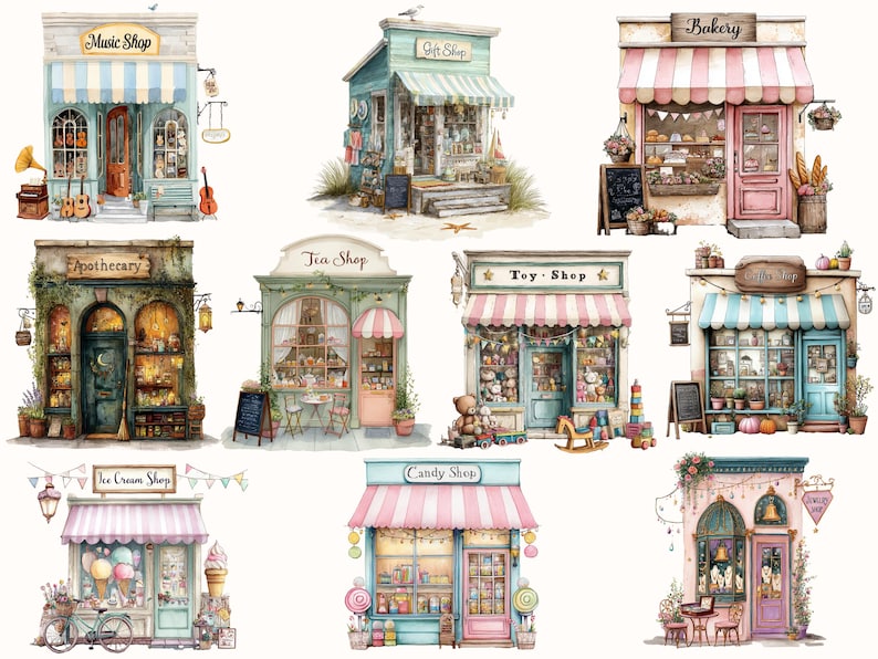 May include: Watercolor illustration of various shops, including a music shop, gift shop, bakery, apothecary, tea shop, toy shop, ice cream shop, candy shop, and jewelry shop. Each shop has a unique design with awnings and detailed storefronts.