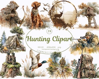 Hunting Clipart Collection, Rustic Hunter Outdoor Adventure 24 PNG Illustrations, Watercolor Duck, Rifle, Hunting Gear, Digital Download