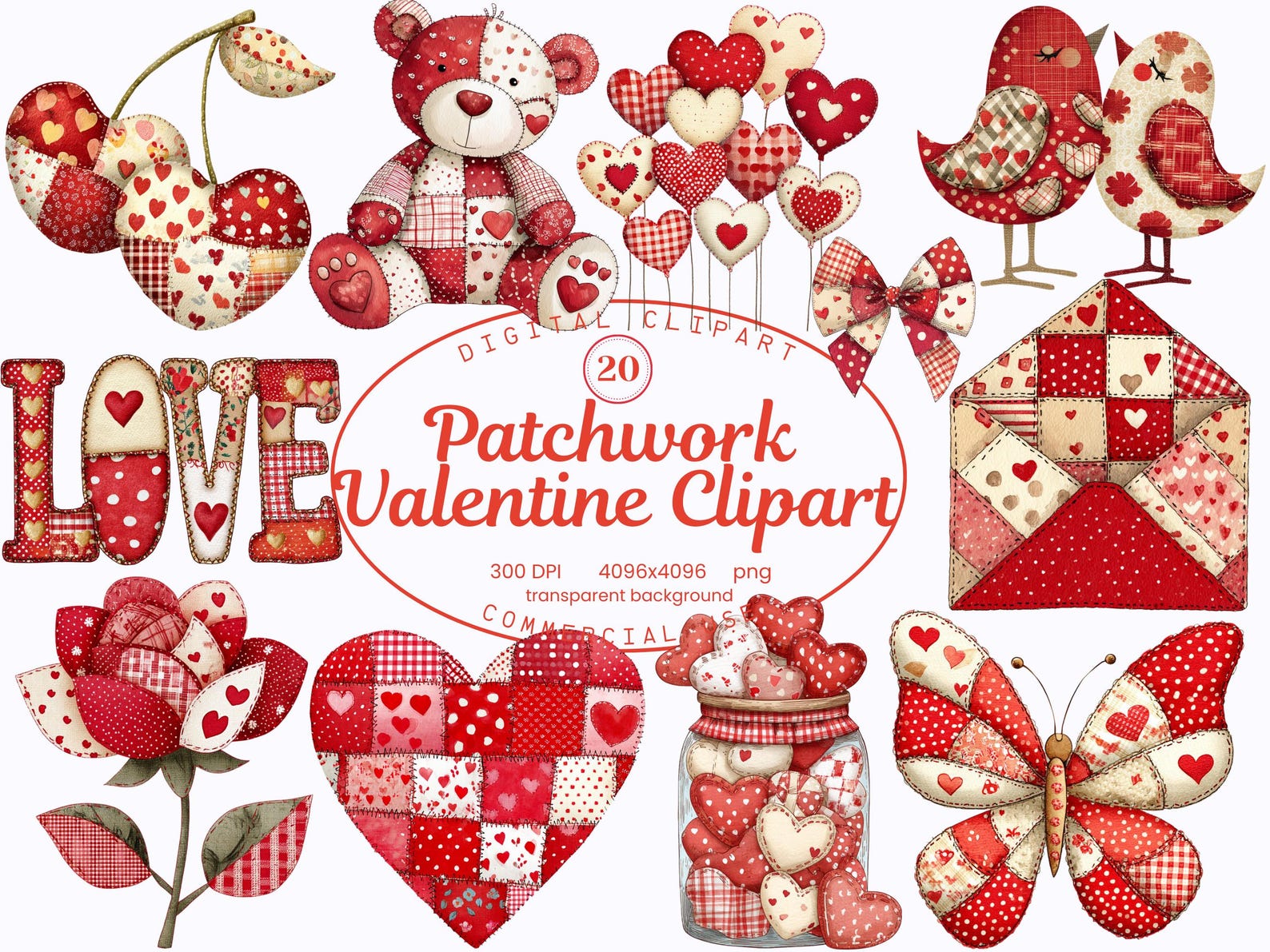 Patchwork Valentine Clipart Collection, Retro Whimsical Valentines Day ...