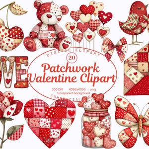 Pode incluir: Uma coleção de cliparts digitais com designs de patchwork com tema de Dia dos Namorados. A imagem inclui um urso de pelúcia, corações, pássaros, um laço, um envelope, uma rosa, um coração, um pote de corações, uma borboleta e a palavra "LOVE".