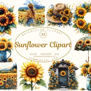 Zonnebloem clipartcollectie, 24 png rustieke boho aquarelillustraties, Floral Cottagecore Art PNG, digitale schaafmachines, sublimatie design