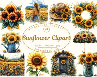 May include: A set of 24 watercolor sunflower clipart images. The images include sunflowers in a wreath, a bouquet, a field, and a hat. The images are perfect for adding a touch of summer to your designs.