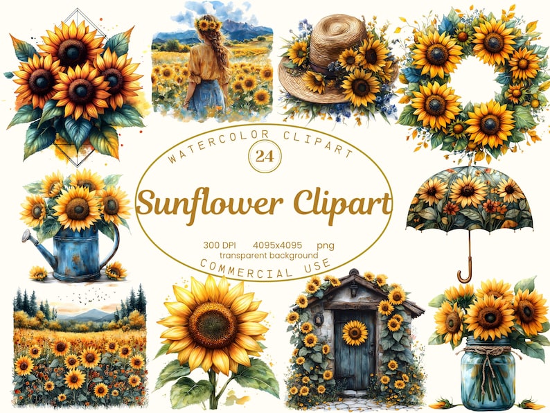 Op de afbeelding: Een set van 24 aquarel-zonnebloem clipart-afbeeldingen. De afbeeldingen bevatten zonnebloemen in een krans, een boeket, een veld en een hoed. De afbeeldingen zijn perfect om een ​​zomerse touch aan je ontwerpen toe te voegen.