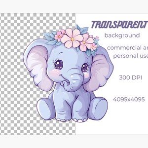 Op de afbeelding: Een schattig cartoon baby-olifantje met grote oren en een roze bloemenkroon. De olifant zit op een witte achtergrond.