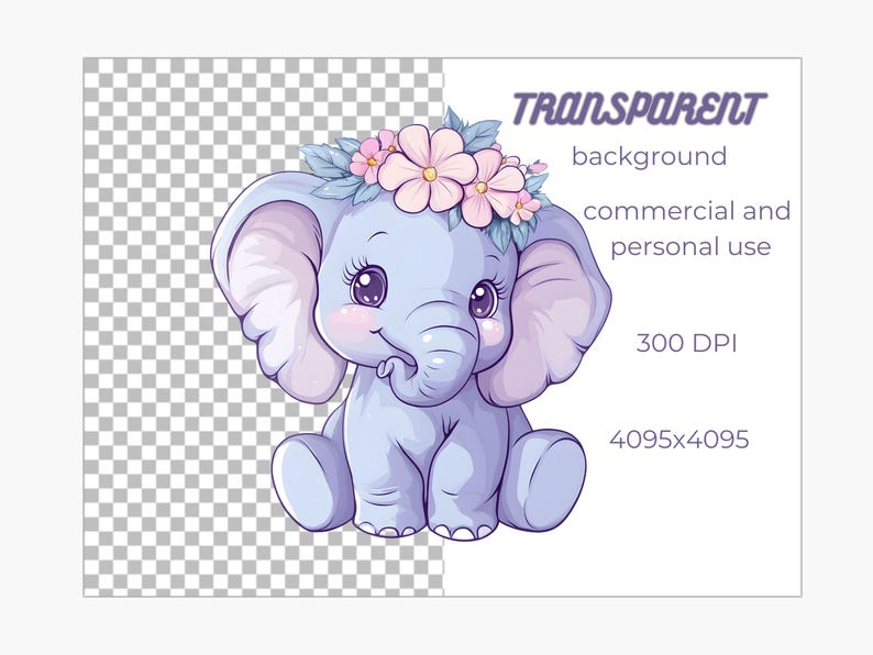 Op de afbeelding: Een schattig cartoon baby-olifantje met grote oren en een roze bloemenkroon. De olifant zit op een witte achtergrond.