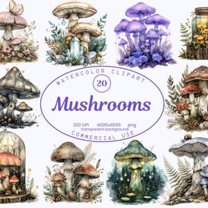 Champignons Clip Art Collection, aquarelle de fées de la forêt enchantée 20 illustrations PNG, Style lunatique Art en téléchargement numérique pour usage Commercial