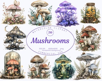 Mushrooms Clip Art Collection, Enchanted Forest Fairy Watercolor 20 PNG illustrations, Whimsical Style Art Digital Download Commercial Use