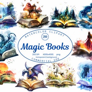 Magic Books Clip Art Collection, aquarelle 20 illustrations PNG de livres de contes de fées, utilisation commerciale en téléchargement numérique de Style lunatique