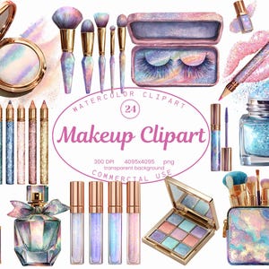 Makeup Clipart Collection, 24 PNG Girly Cosmetics Illustrations, Watercolor Glittery Glam Beauty Set, Digital Planers, Sublimation PNG