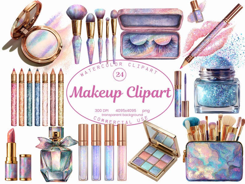 May include: Watercolor makeup clipart featuring various cosmetic items. Includes makeup brushes, eyeshadow, lipsticks, lip gloss, eyeliner pencils, mascara, perfume, and a compact. The image has a transparent background and the text "Makeup Clipart".