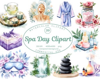 Spa Day Clipart Sammlung, Self-care Wellness Aquarell 20 PNG Illustrationen, Bad und Beauty Ästhetische Kunst, PNG Digital Download