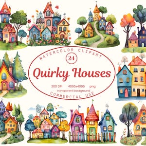 Quirky Houses Clip Art Collection,  24 PNG Colorful Homes Illustrations, Watercolor Invitations, Scrapbooking Digital Download