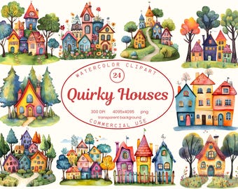 Quirky Houses Clip Art Collection,  24 PNG Colorful Homes Illustrations, Watercolor Invitations, Scrapbooking Digital Download