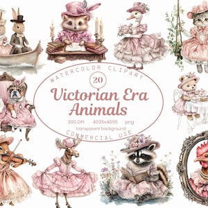 Viktorianische Ära Tiere Clipart Sammlung, Barock Aquarell 20 PNG Illustrationen, Vintage Stil Tier, Kaninchen, Kätzchen Sublimationskunst