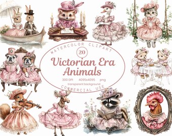 Victorian Era Animals Clipart Collection,  Baroque Watercolor 20 PNG Illustrations, Vintage Style Animal, Bunny, Kitten Sublimation Art