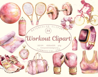 Clipartcollectie workout, 24 png-illustraties Girly Health and Gym Fitness, digitale schaafmachines in aquarelstijl, sublimatie, png