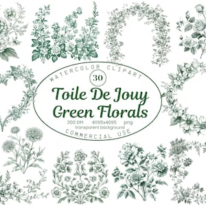 Toile de Jouy fleurs vertes Clipart Collection, campagne française Style aquarelle fleurs Illustrations 30 PNG, téléchargement numérique