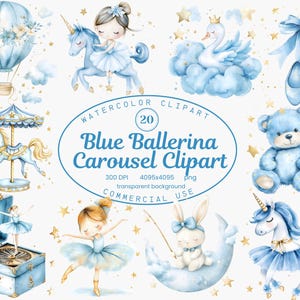 Coleção de clipart de bailarina de carrossel azul aquarela, decoração caprichosa de berçário 20 PNG Vintage Carousel Pony Nursery PNG Clipart de chá de bebê