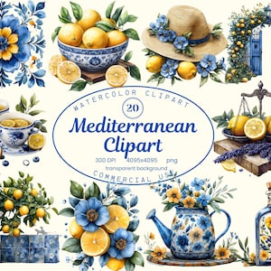 Piastrelle mediterranee, Clipart di limoni acquerellati, Piastrelle in ceramica Azulejo portoghesi, Pacchetto di clipart estive, Carta digitale per piastrelle blu e gialle